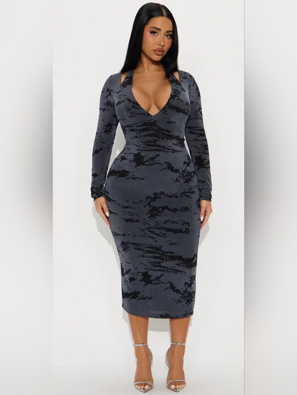 Gray Print Long Sleeve Bodycon Dress